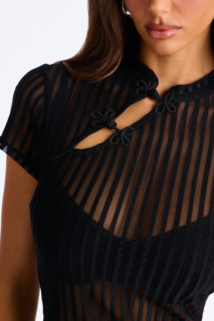 Juliana Mesh Mock Neck Short Sleeve Top - Black