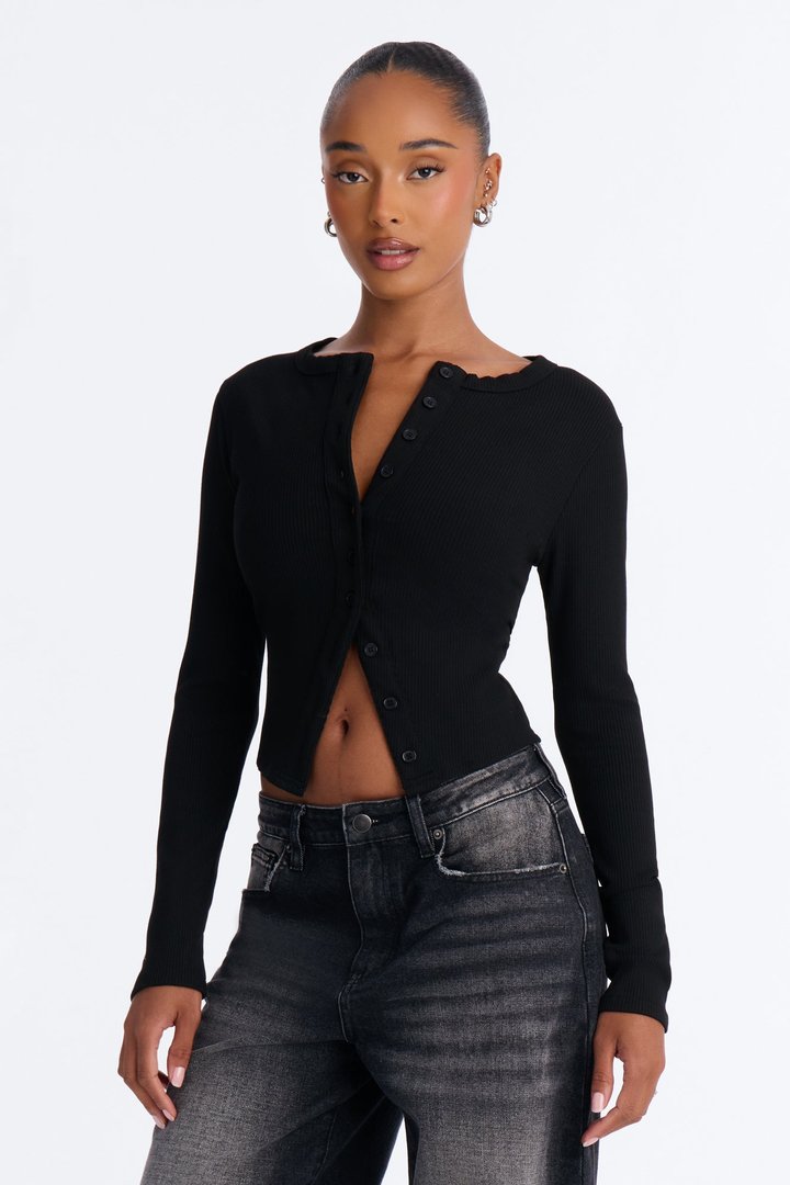 Amy Button Front Ribbed Long Sleeve Top - Black