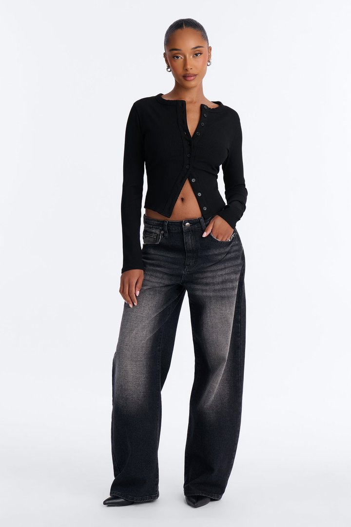 Amy Button Front Ribbed Long Sleeve Top - Black
