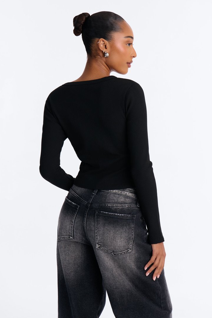 Amy Button Front Ribbed Long Sleeve Top - Black