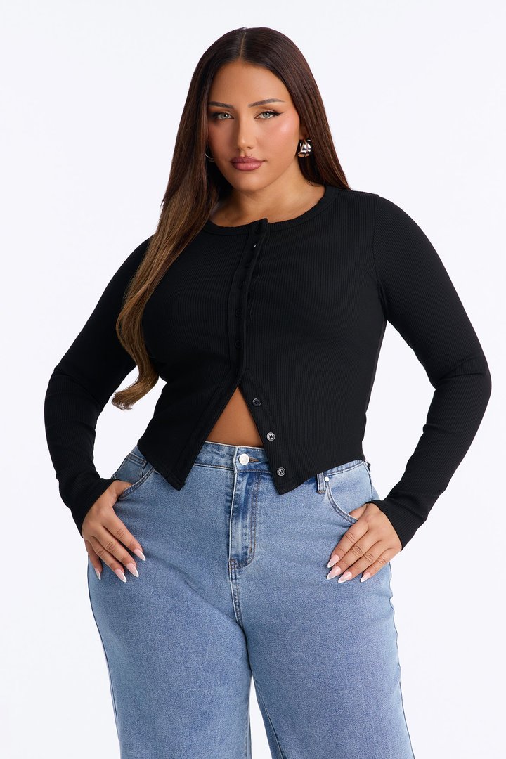 Amy Button Front Ribbed Long Sleeve Top - Black