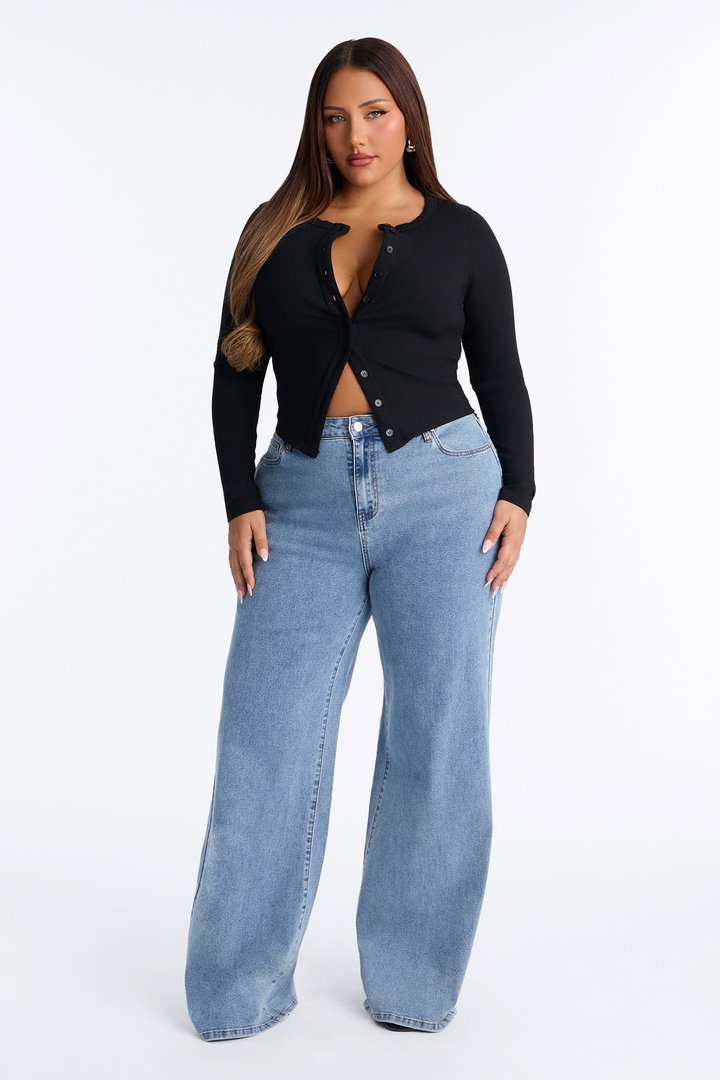 Amy Button Front Ribbed Long Sleeve Top - Black
