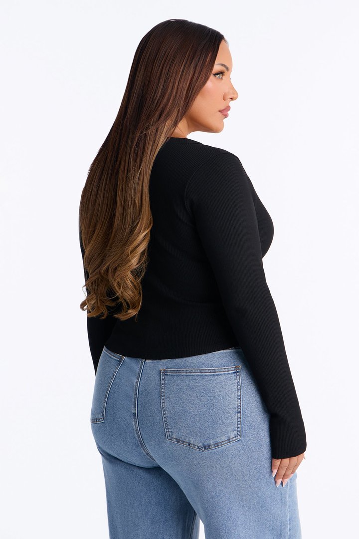Amy Button Front Ribbed Long Sleeve Top - Black