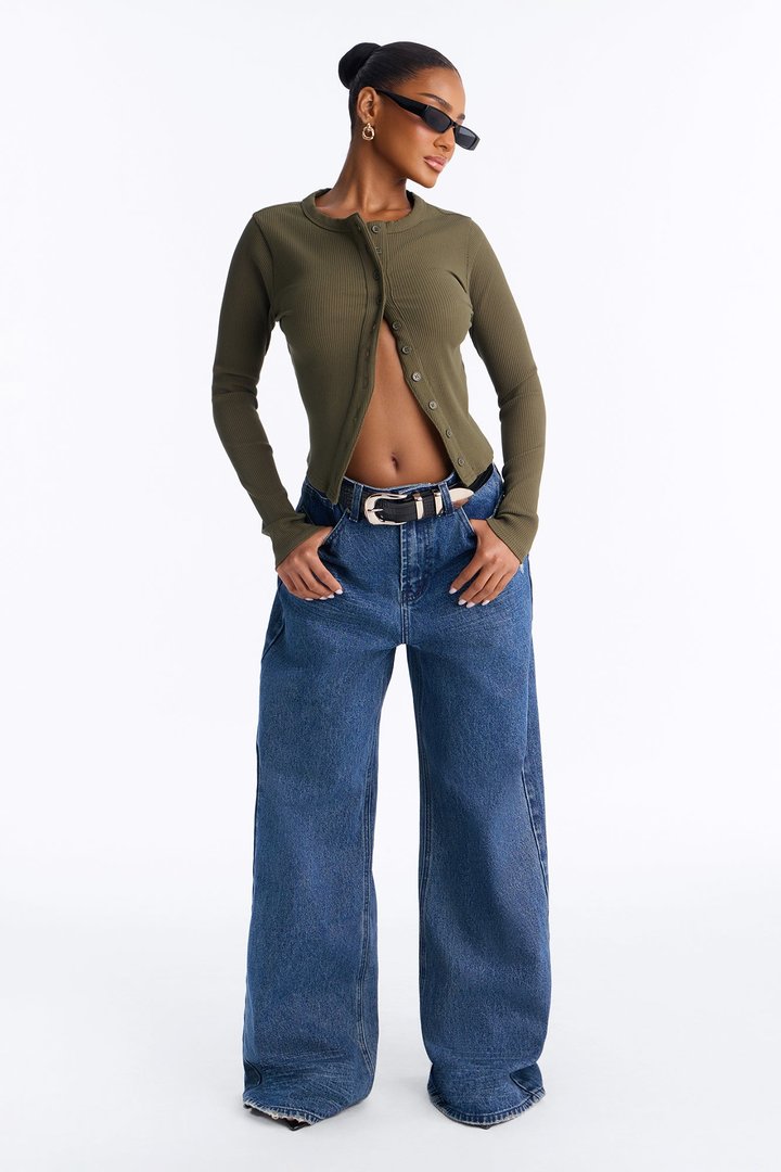 Amy Button Front Ribbed Long Sleeve Top - Olive