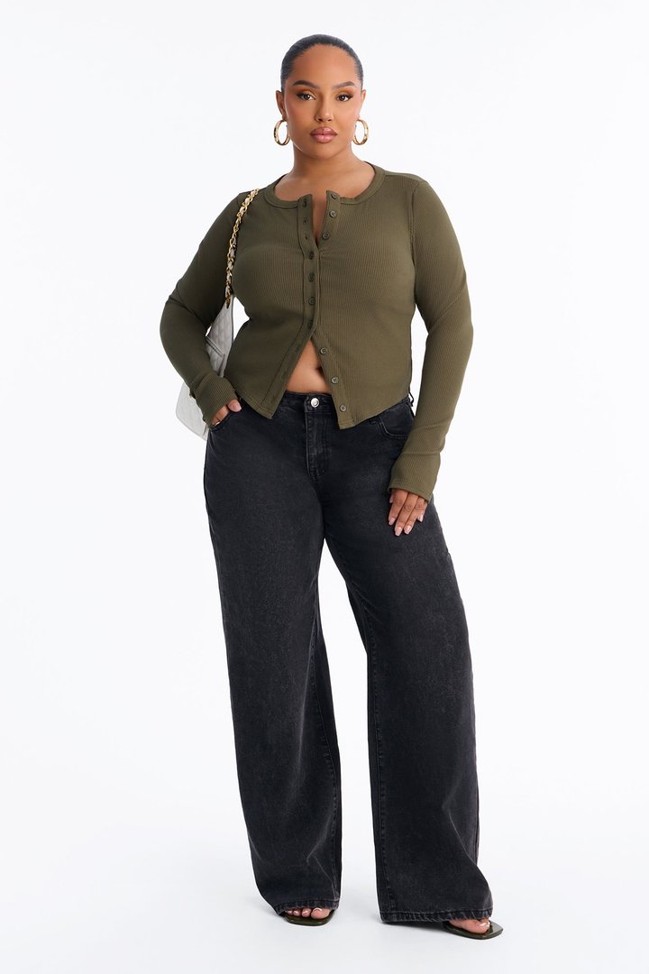 Amy Button Front Ribbed Long Sleeve Top - Olive