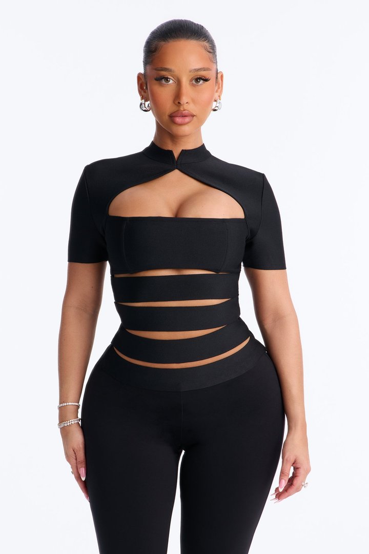 Bri Bandage Mock Neck Cut Out Top - Black