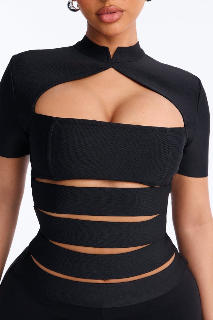 Bri Bandage Mock Neck Cut Out Top - Black