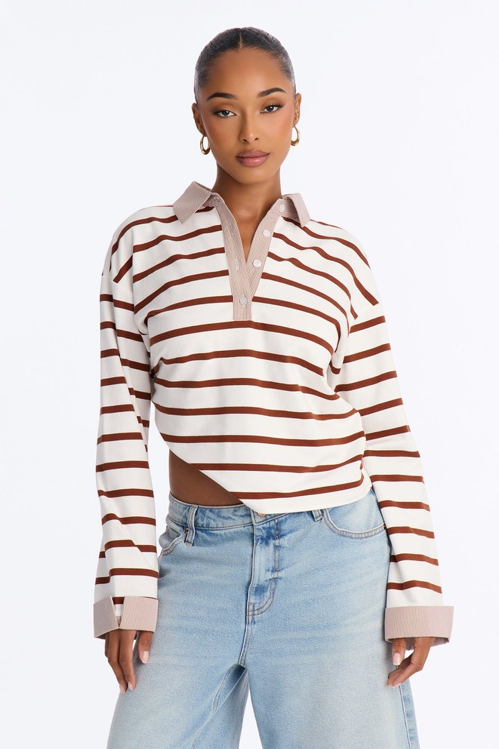 Low Effort Striped Long Sleeve Polo - White/combo