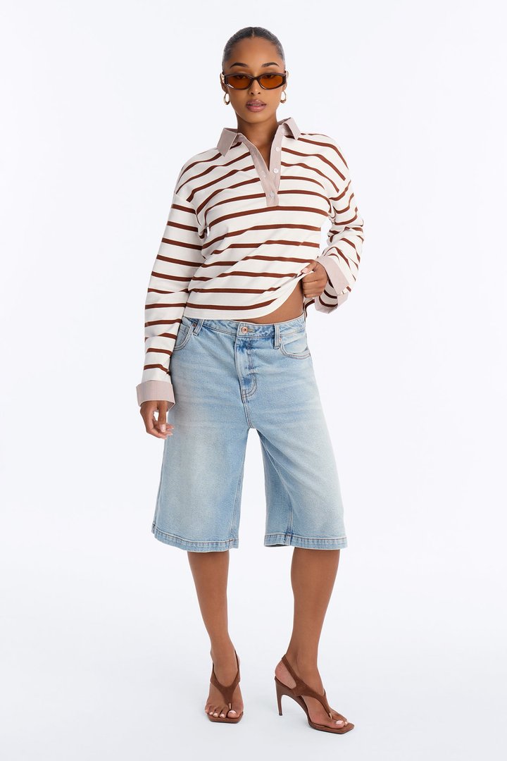 Low Effort Striped Long Sleeve Polo - White/combo