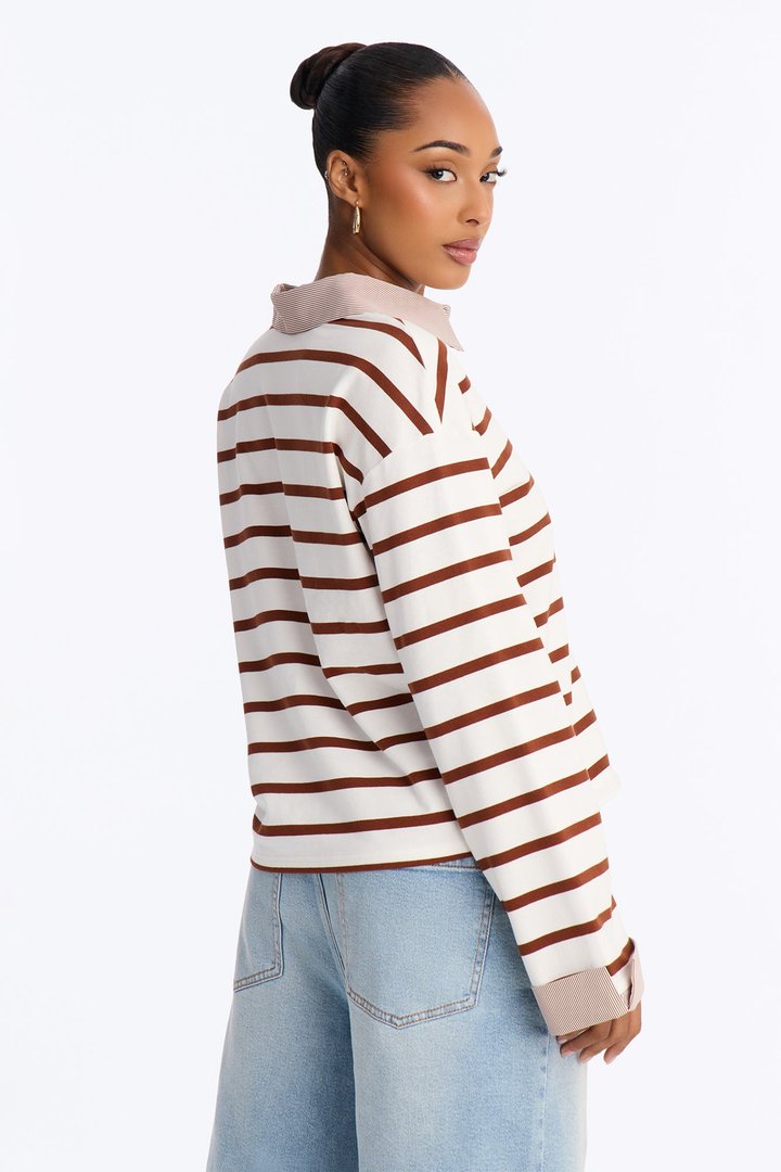 Low Effort Striped Long Sleeve Polo - White/combo