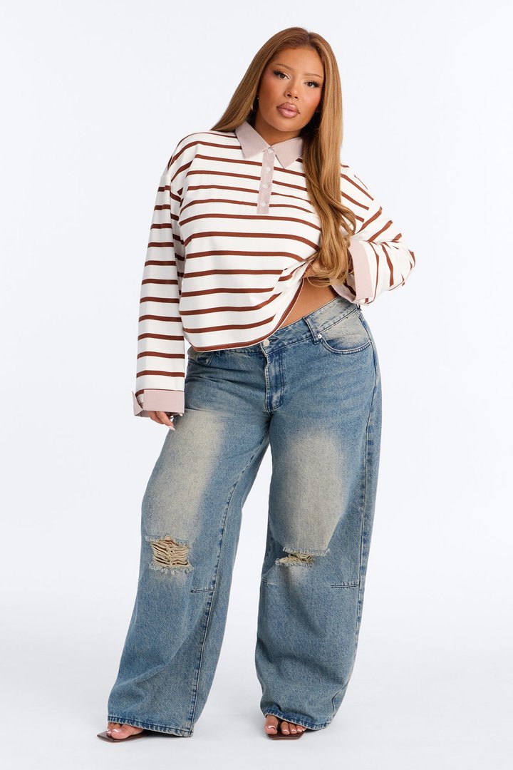 Low Effort Striped Long Sleeve Polo - White/combo