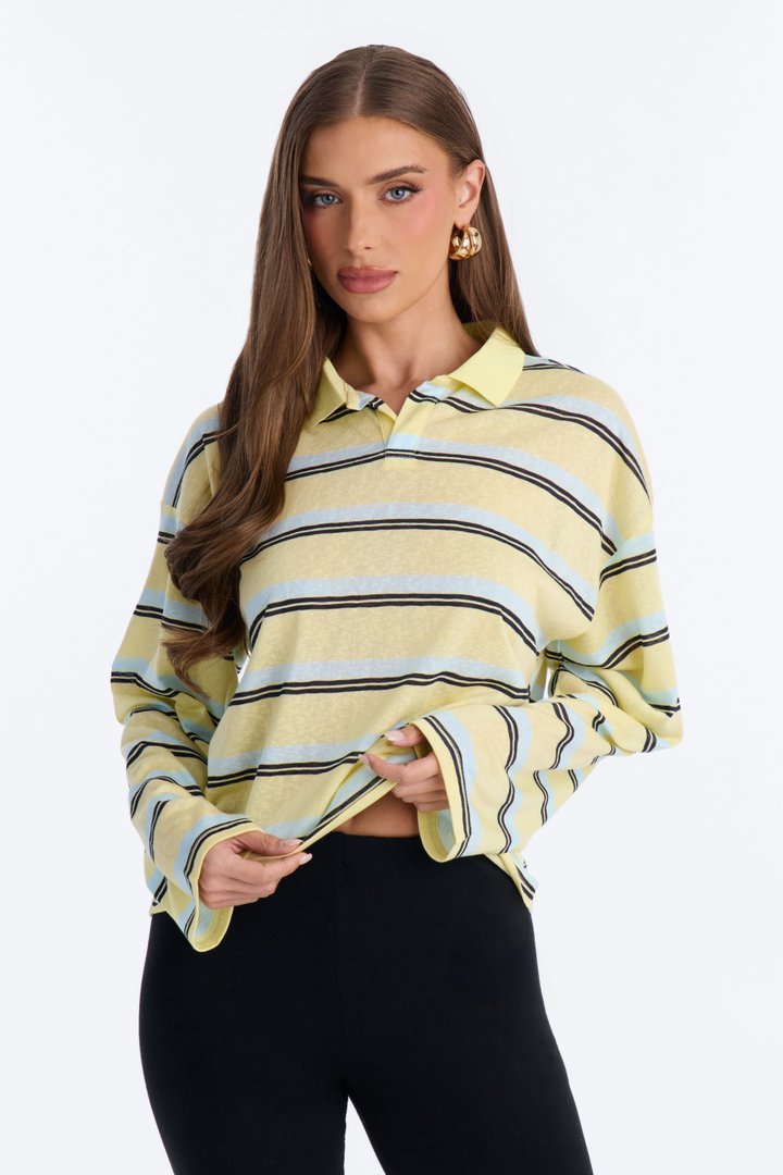 Lora Sheer Striped Long Sleeve Polo - Butter Yellow
