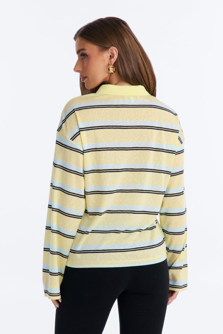 Lora Sheer Striped Long Sleeve Polo - Butter Yellow