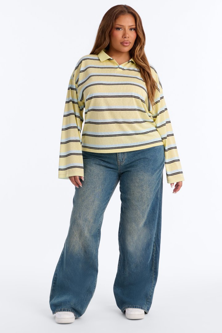 Lora Sheer Striped Long Sleeve Polo - Butter Yellow