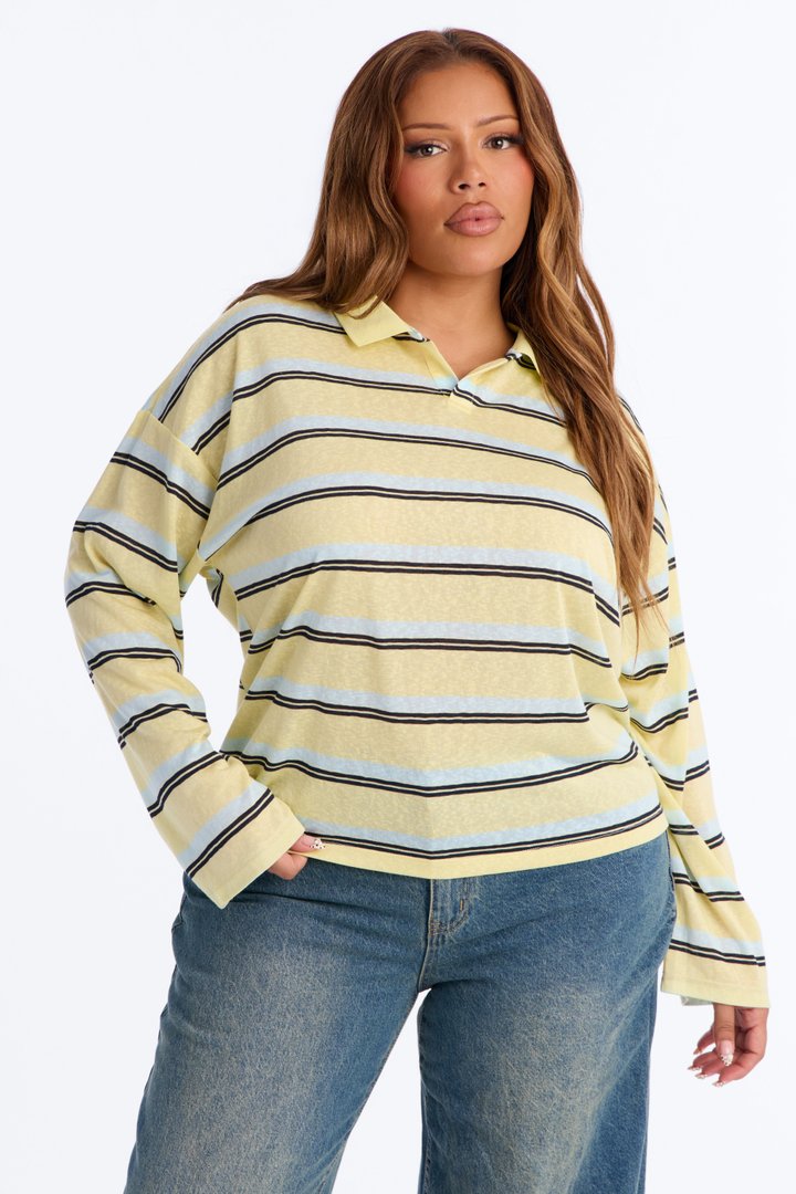 Lora Sheer Striped Long Sleeve Polo - Butter Yellow