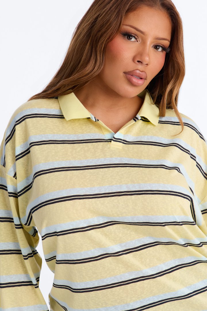 Lora Sheer Striped Long Sleeve Polo - Butter Yellow