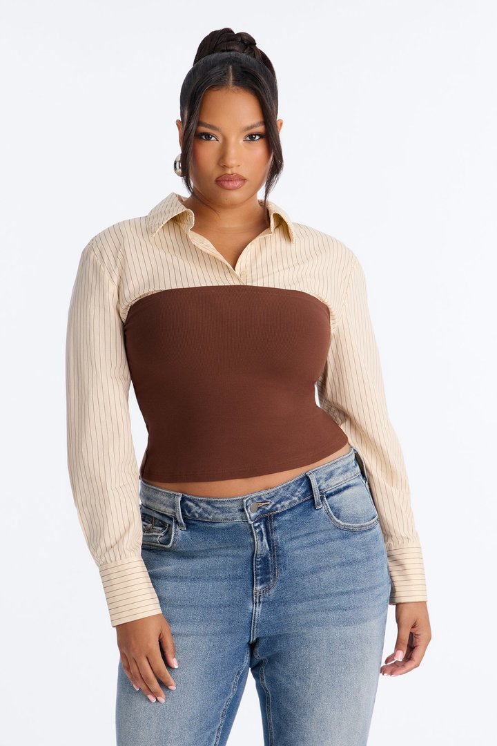 Money Moves Striped Layered Ribbed Top - Chocolate/Combo