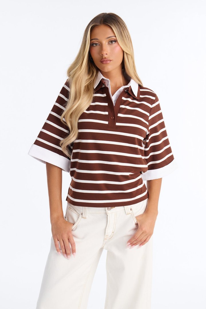She's Cool Striped Short Sleeve Layered Polo Top - Brown/combo