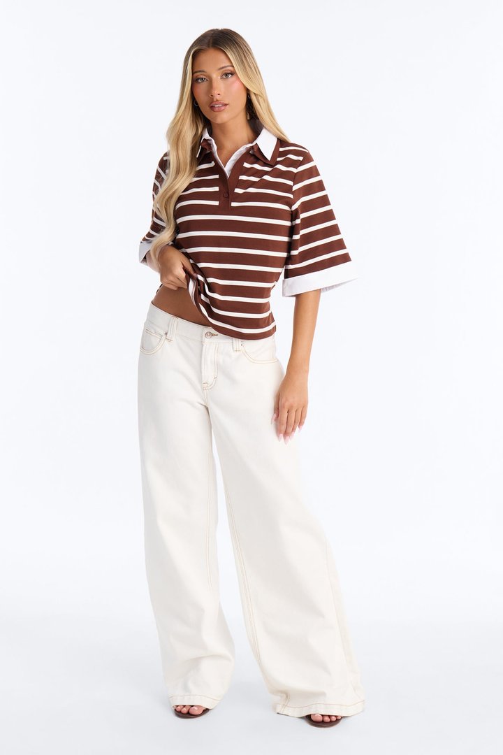 She's Cool Striped Short Sleeve Layered Polo Top - Brown/combo