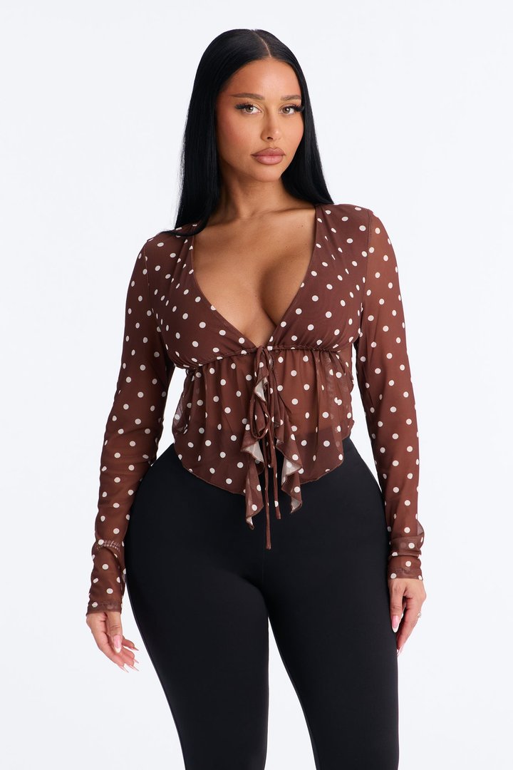 Melissa Polka Dot Ruffle Mesh Flyaway Top - Chocolate/Combo