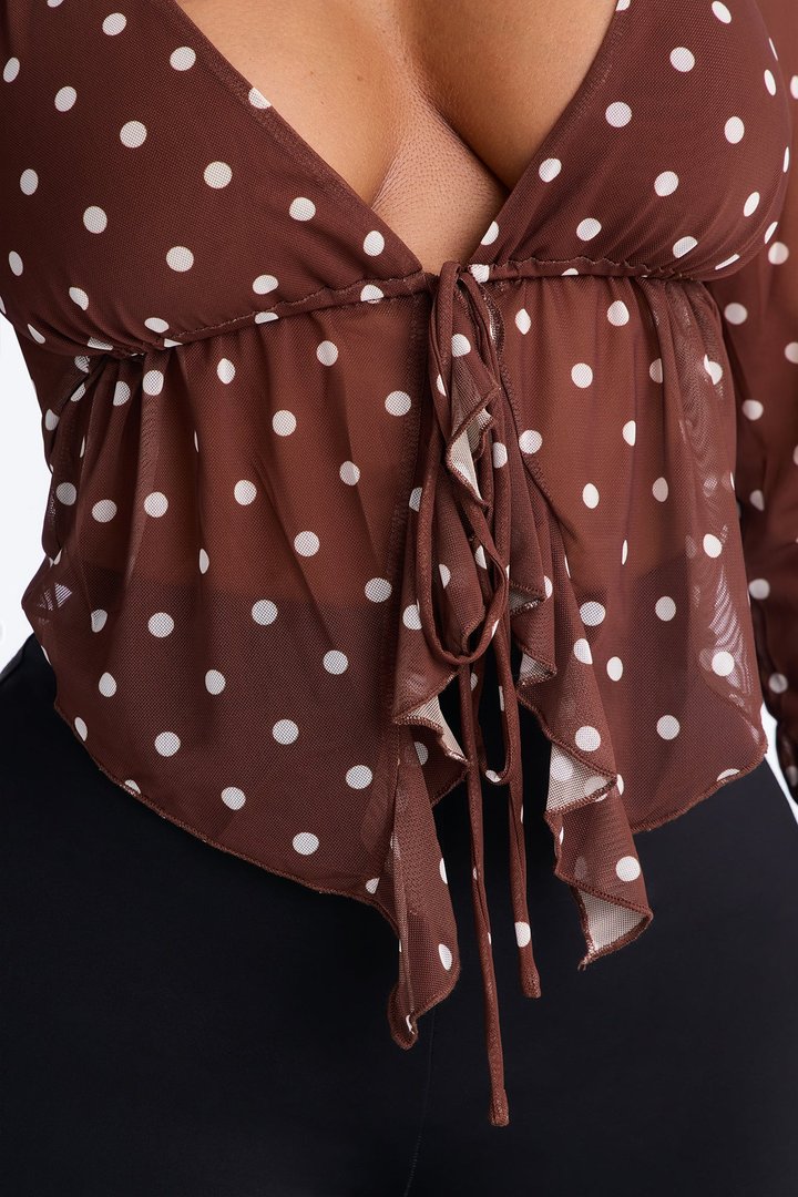 Melissa Polka Dot Ruffle Mesh Flyaway Top - Chocolate/Combo