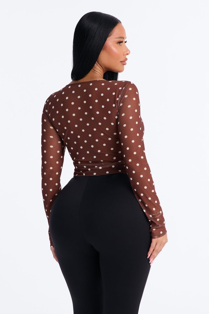 Melissa Polka Dot Ruffle Mesh Flyaway Top - Chocolate/Combo