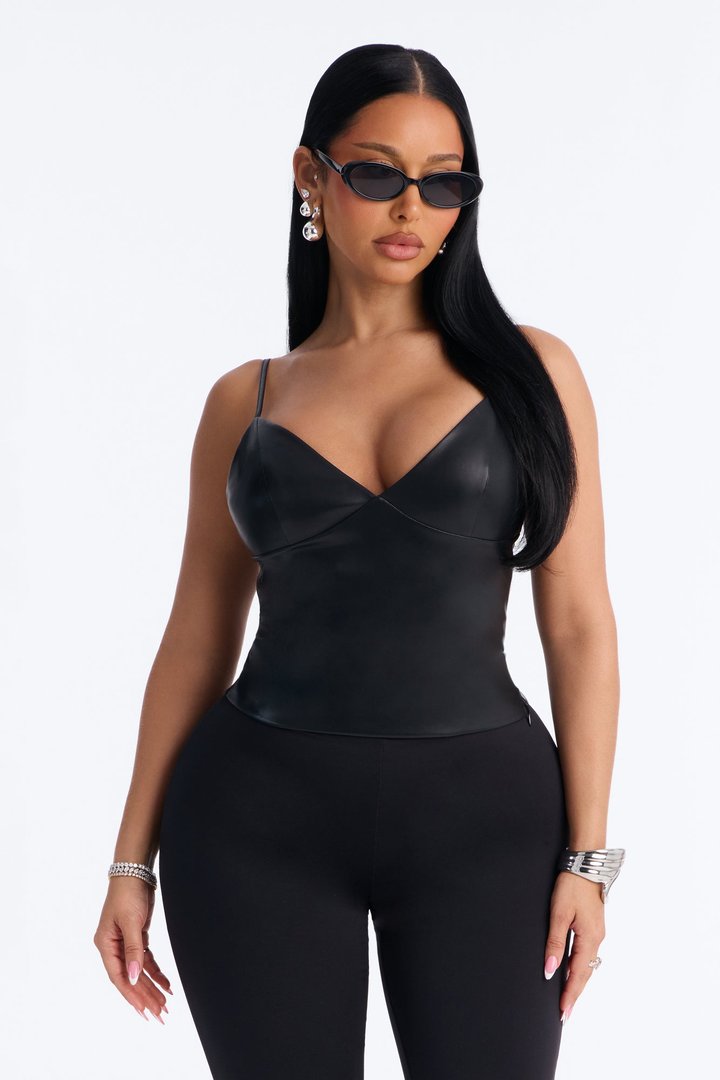 Girl Dinner V-Neck Faux Leather Top - Black