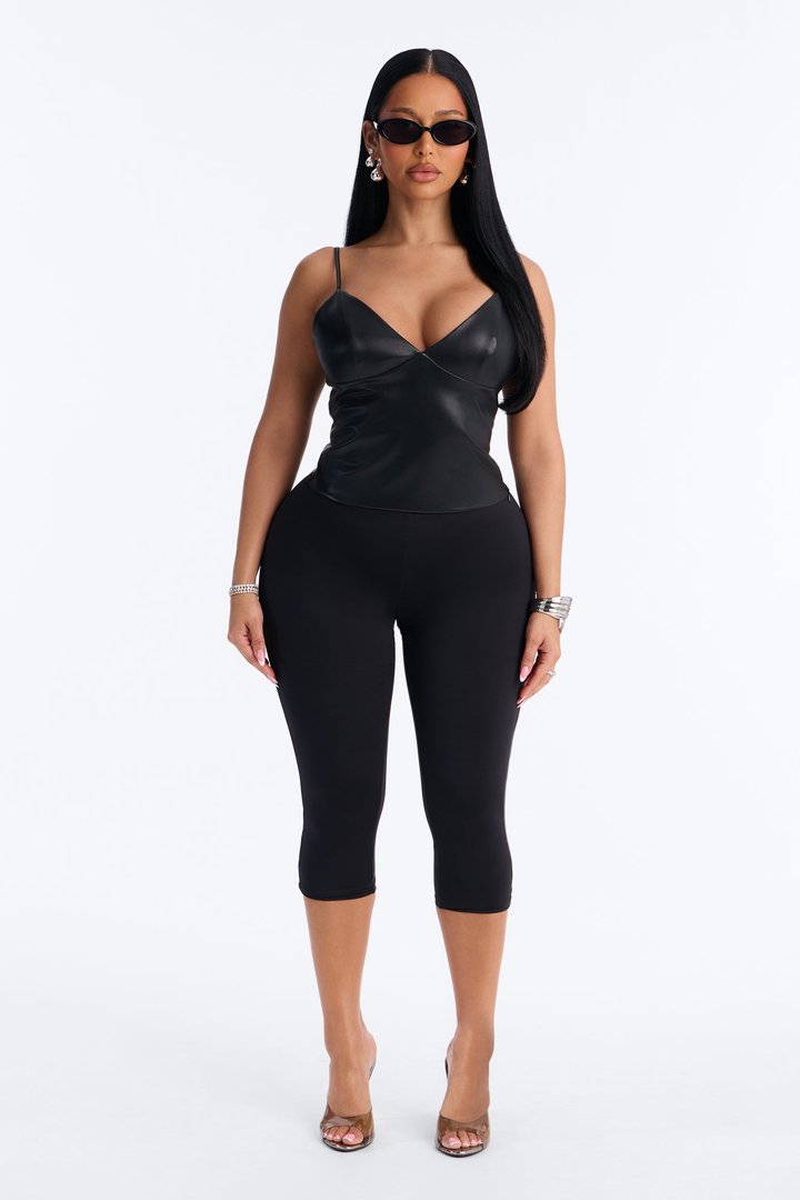 Girl Dinner V-Neck Faux Leather Top - Black