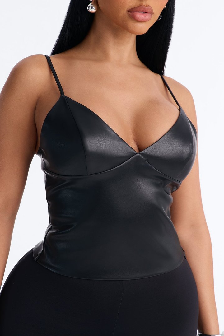 Girl Dinner V-Neck Faux Leather Top - Black