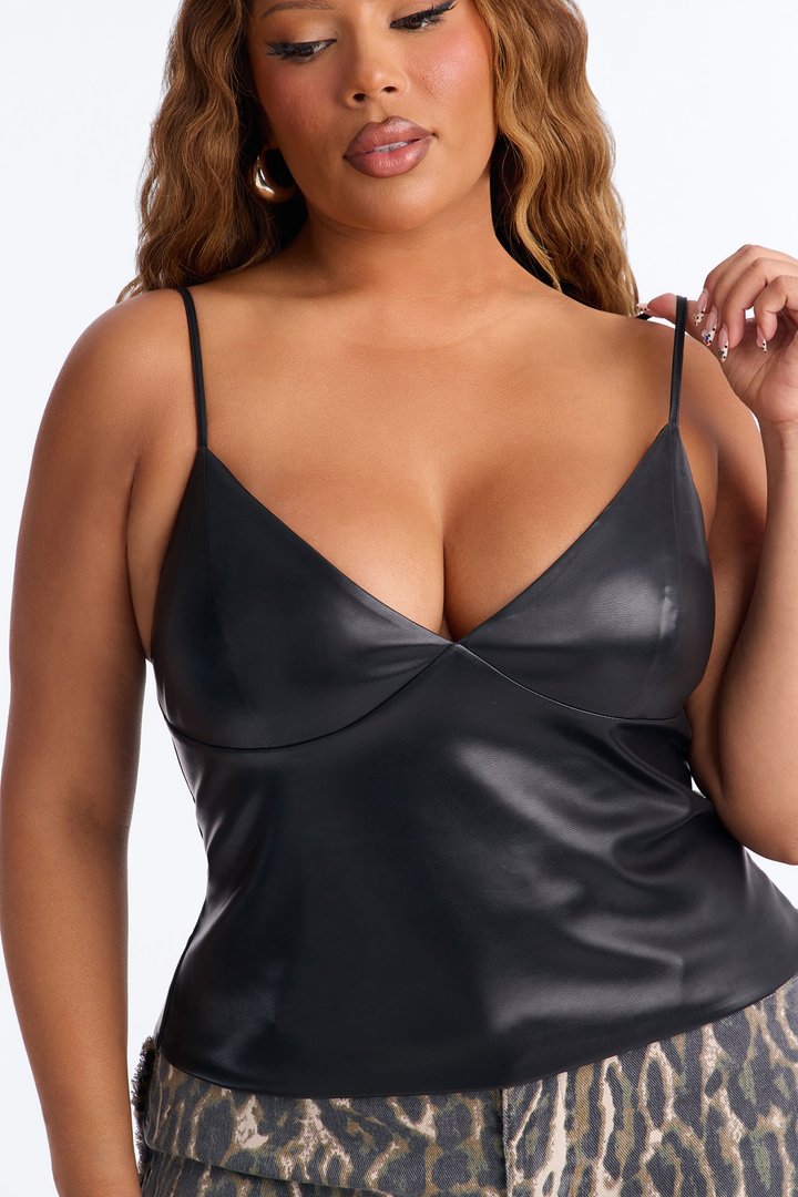 Girl Dinner V-Neck Faux Leather Top - Black
