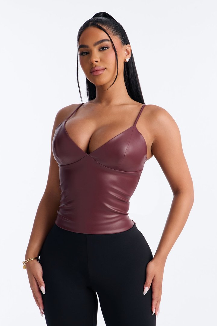 Girl Dinner V-Neck Faux Leather Top - DarkRed
