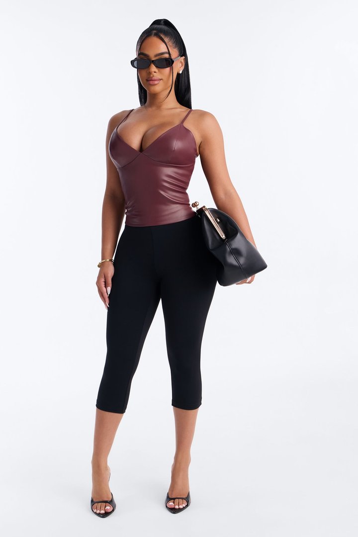 Girl Dinner V-Neck Faux Leather Top - DarkRed
