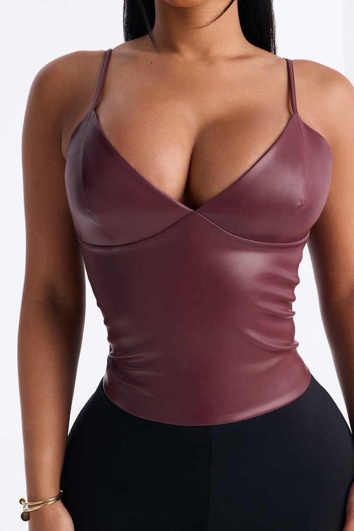 Girl Dinner V-Neck Faux Leather Top - DarkRed