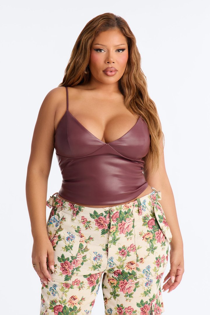 Girl Dinner V-Neck Faux Leather Top - DarkRed