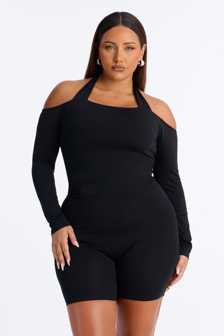 Seamless Smooth Off Shoulder Long Sleeve Halter Top - Black