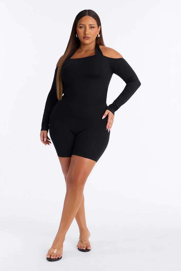 Seamless Smooth Off Shoulder Long Sleeve Halter Top - Black