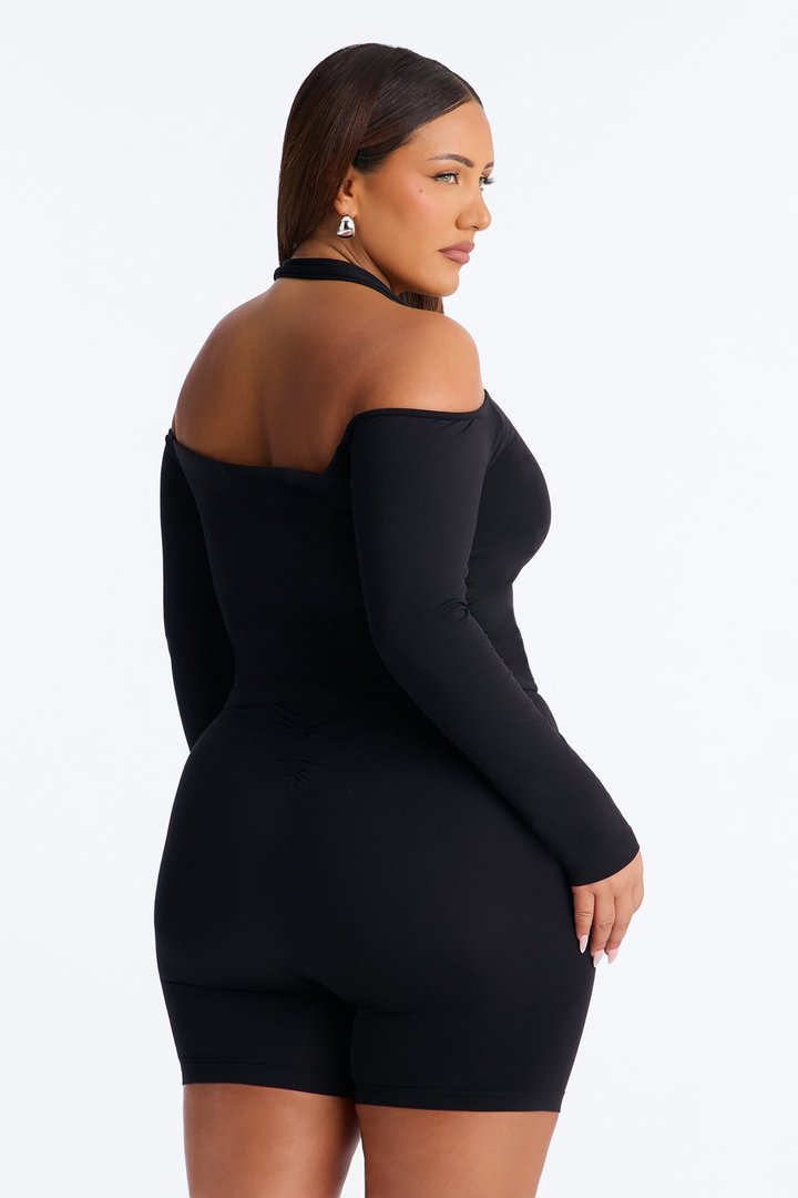 Seamless Smooth Off Shoulder Long Sleeve Halter Top - Black