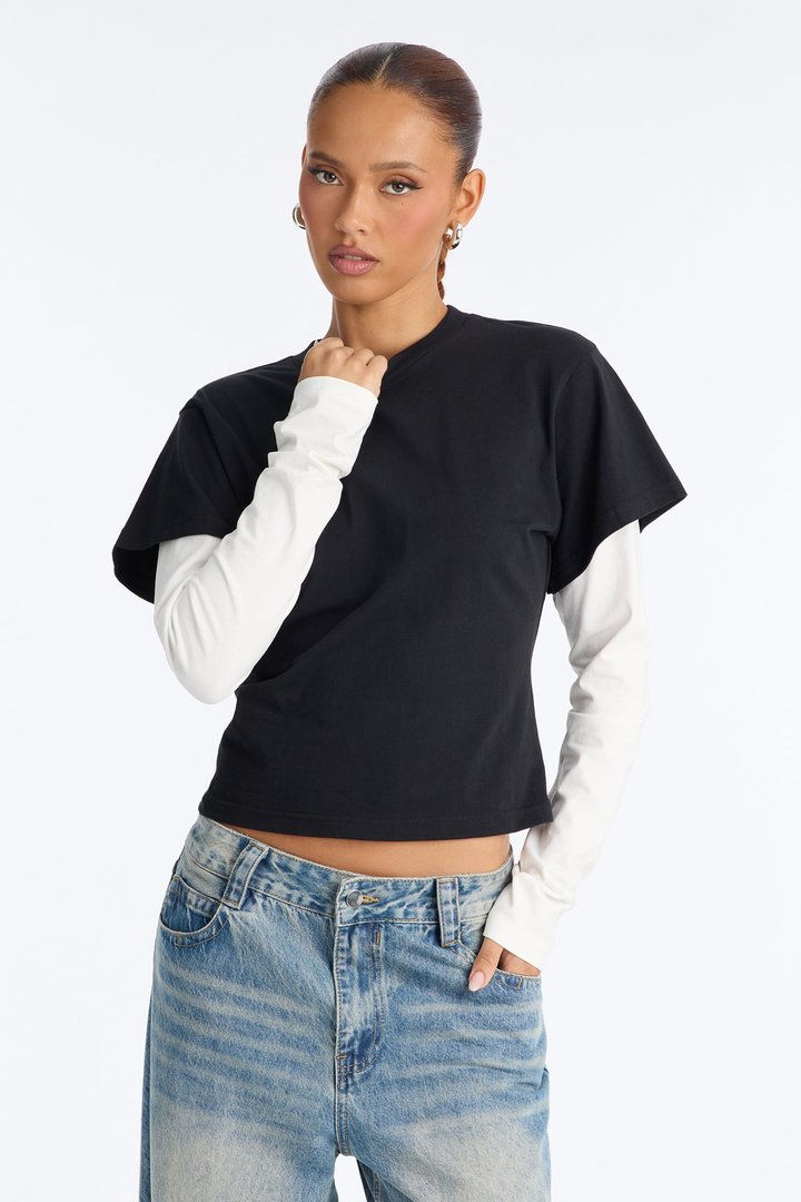 100% Premium Cotton Crew Neck Long Sleeve Layered Tee - Black/White