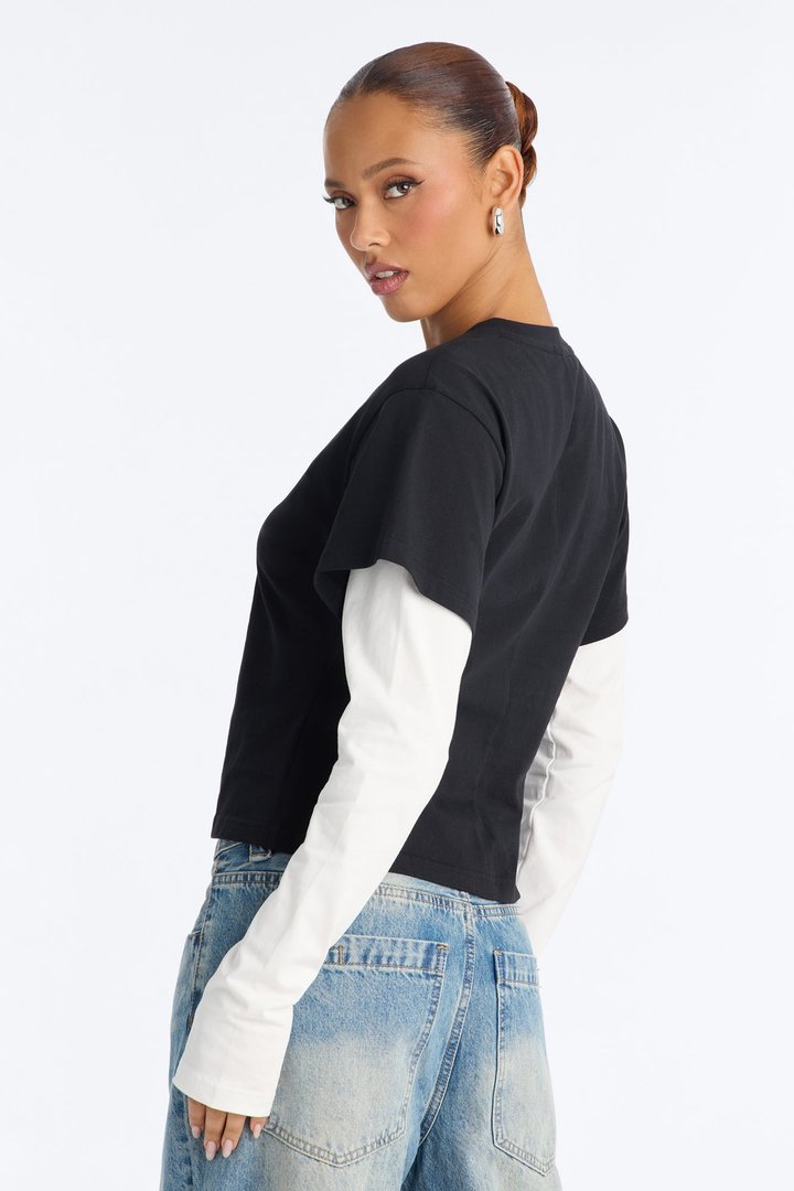 100% Premium Cotton Crew Neck Long Sleeve Layered Tee - Black/White