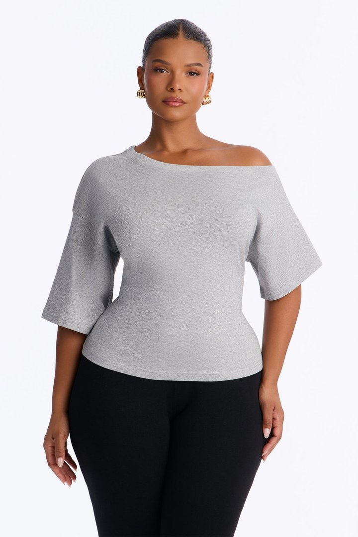 100% Premium Cotton Off Shoulder Short Sleeve Tee - Heather Grey