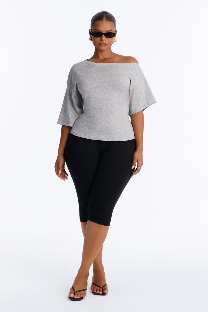 100% Premium Cotton Off Shoulder Short Sleeve Tee - Heather Grey