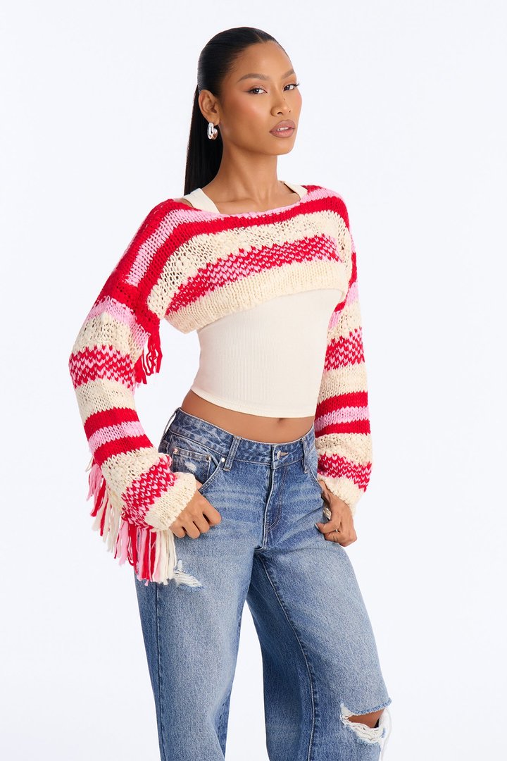 Kinda Cold Fringe Shrug Sweater - Pink/combo