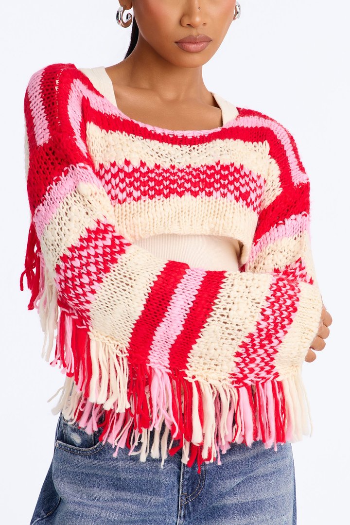 Kinda Cold Fringe Shrug Sweater - Pink/combo