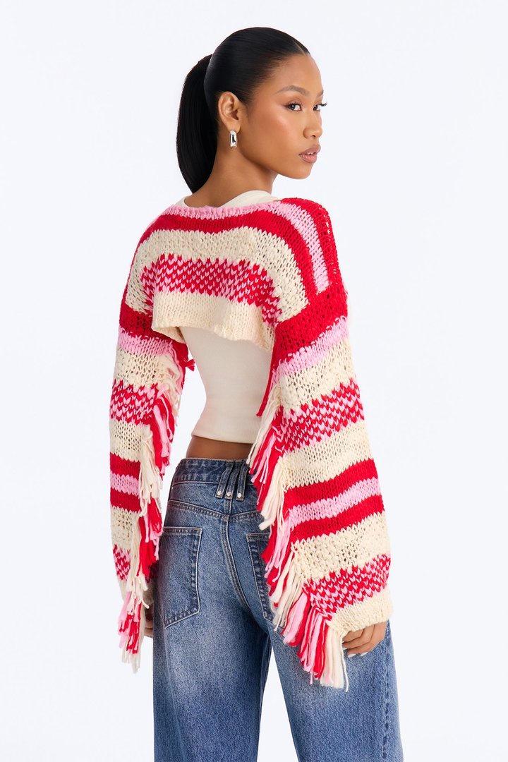 Kinda Cold Fringe Shrug Sweater - Pink/combo