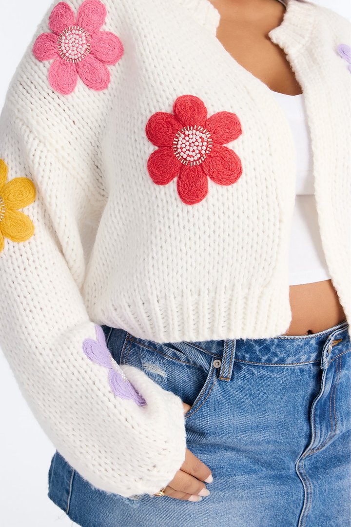 Spring Somewhere Embellished Floral Cardigan - White/combo