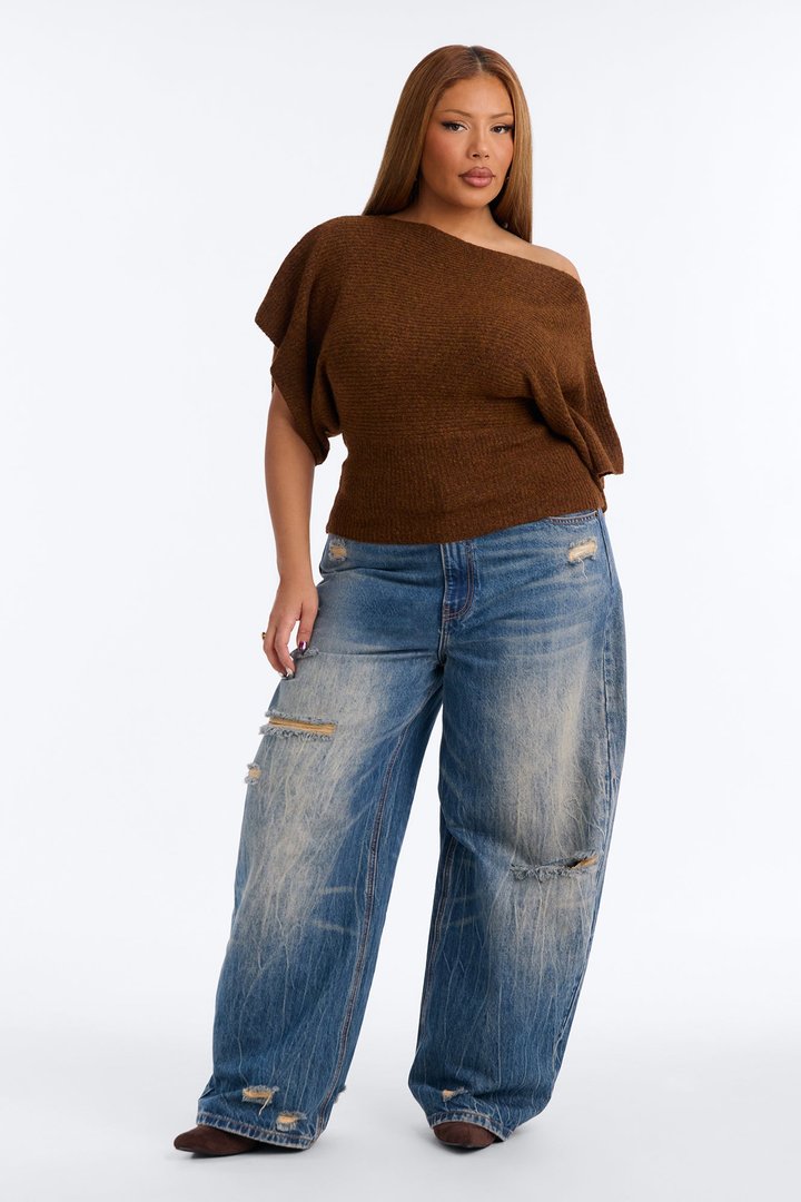 Carol One Shoulder Sweater Top - Brown