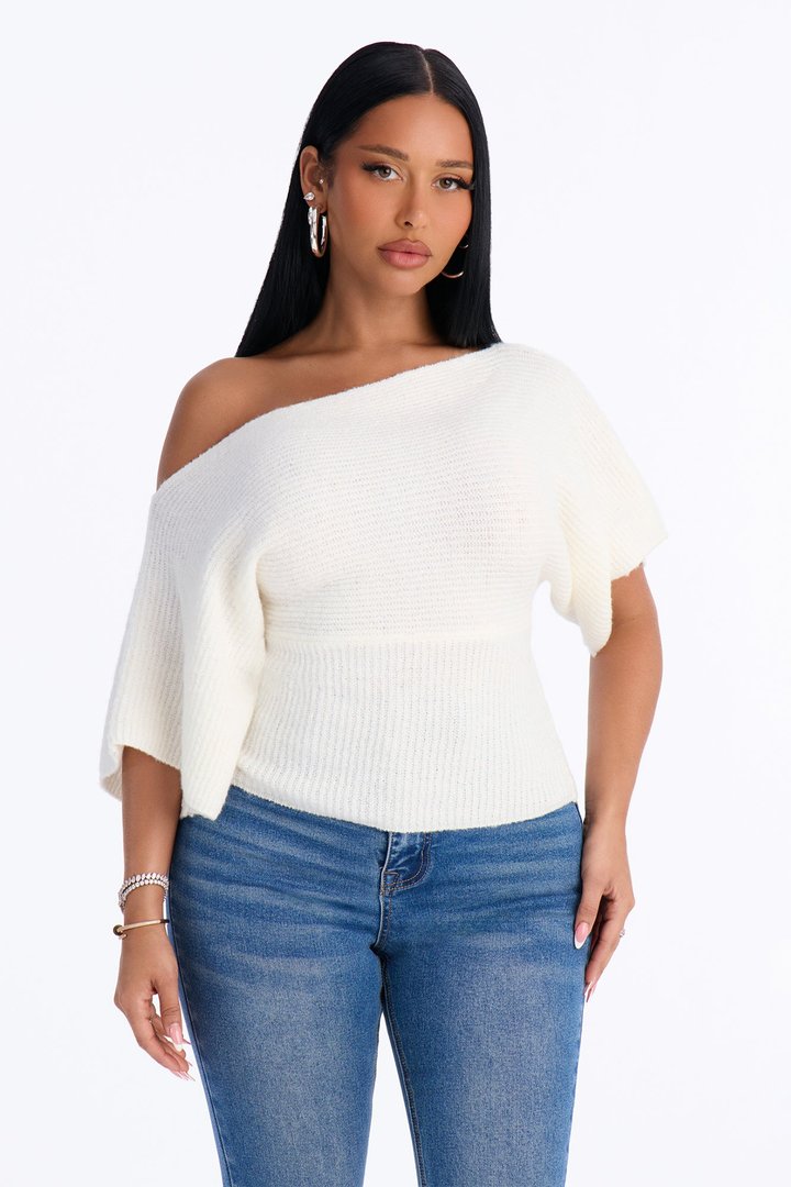 Carol One Shoulder Sweater Top - Ivory