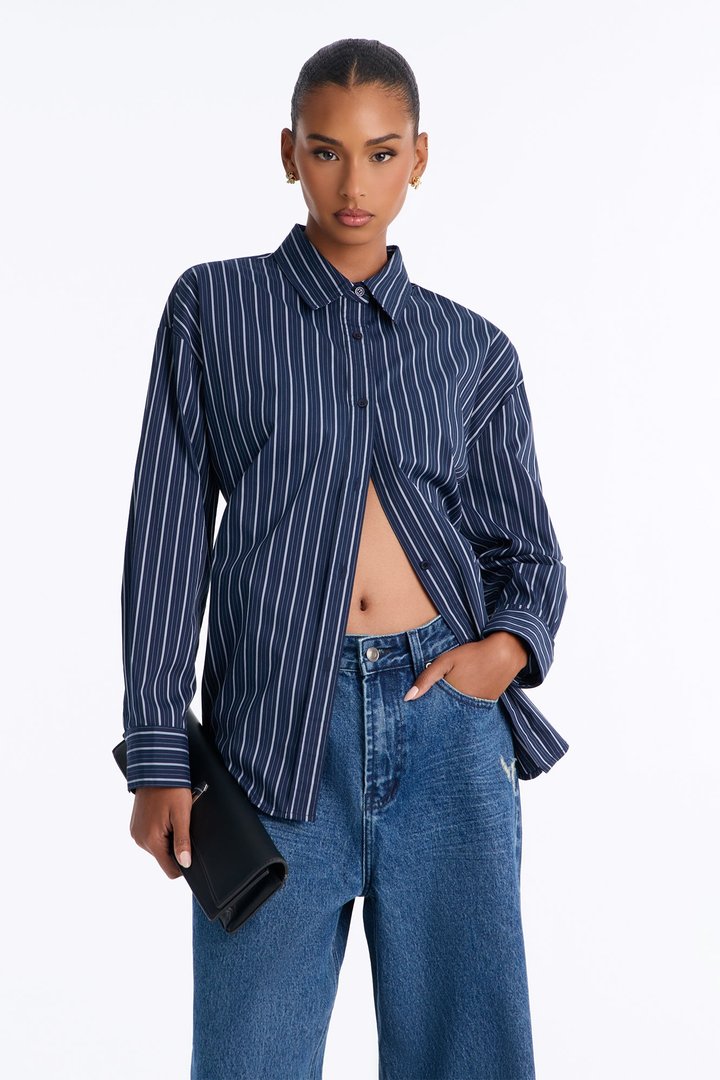 Alia Oversized Striped Button Up Shirt - Navy/combo