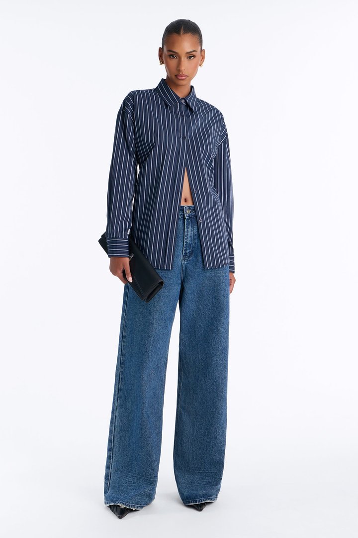 Alia Oversized Striped Button Up Shirt - Navy/combo