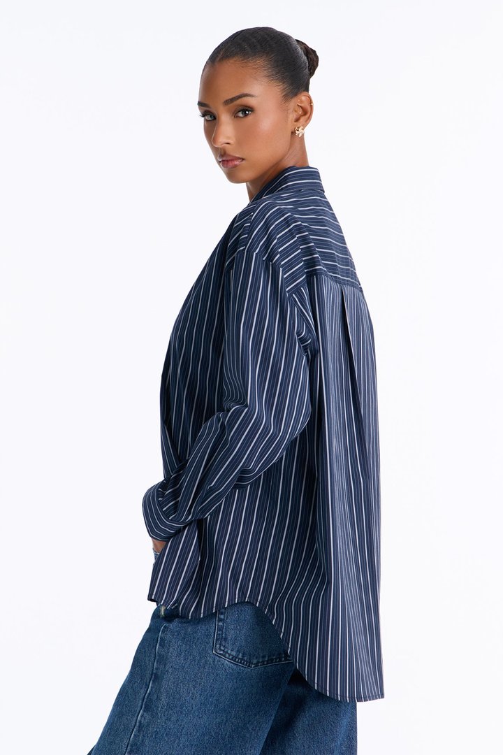 Alia Oversized Striped Button Up Shirt - Navy/combo